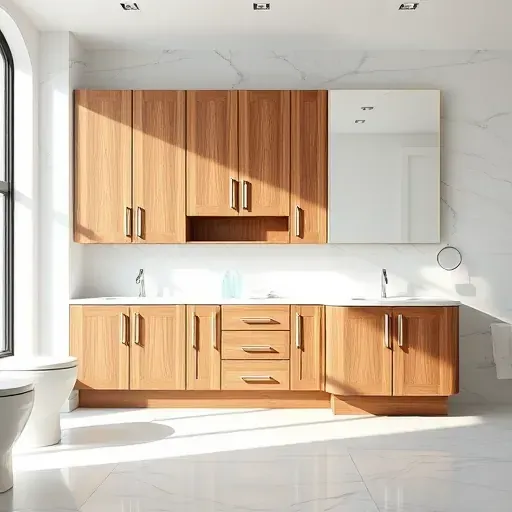 Custom modern bathroom cabinets with detailed woodgrain, polished marble floors, elegant fixtures, and minimalist mirror in upscale setting