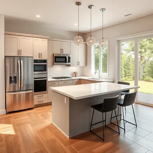 Modern Costa Mesa kitchen with sleek matte cabinets, quartz island, stainless steel appliances, subway tile backsplash and hardwood floors