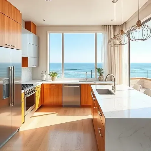Renovated kitchen in Dana Point CA with modern cabinetry, quartz countertops, ocean view, and elegant lighting.