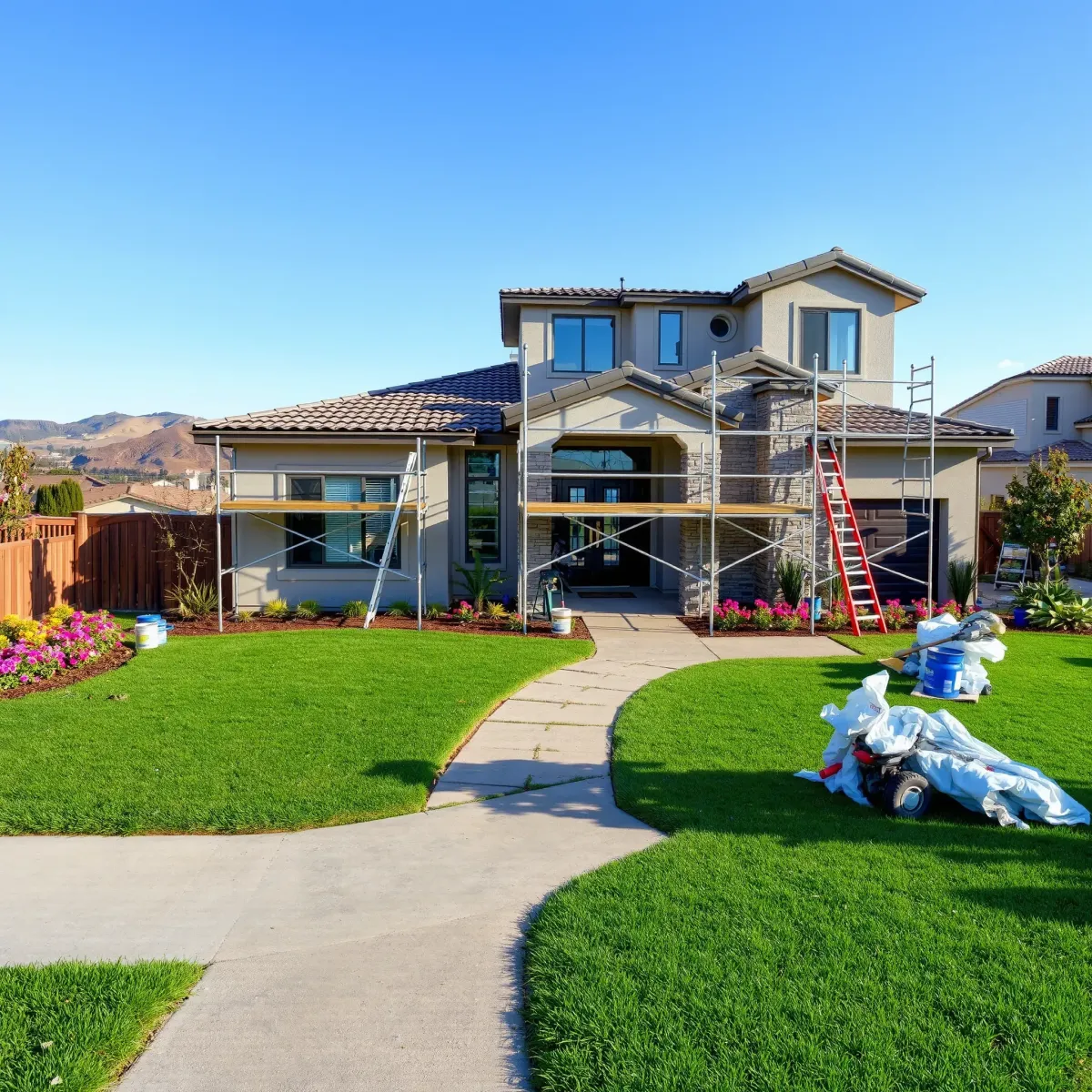 Remodeled Mission Viejo home interior featuring a bright living room, modern kitchen, lush backyard, and upscale neighborhood view.