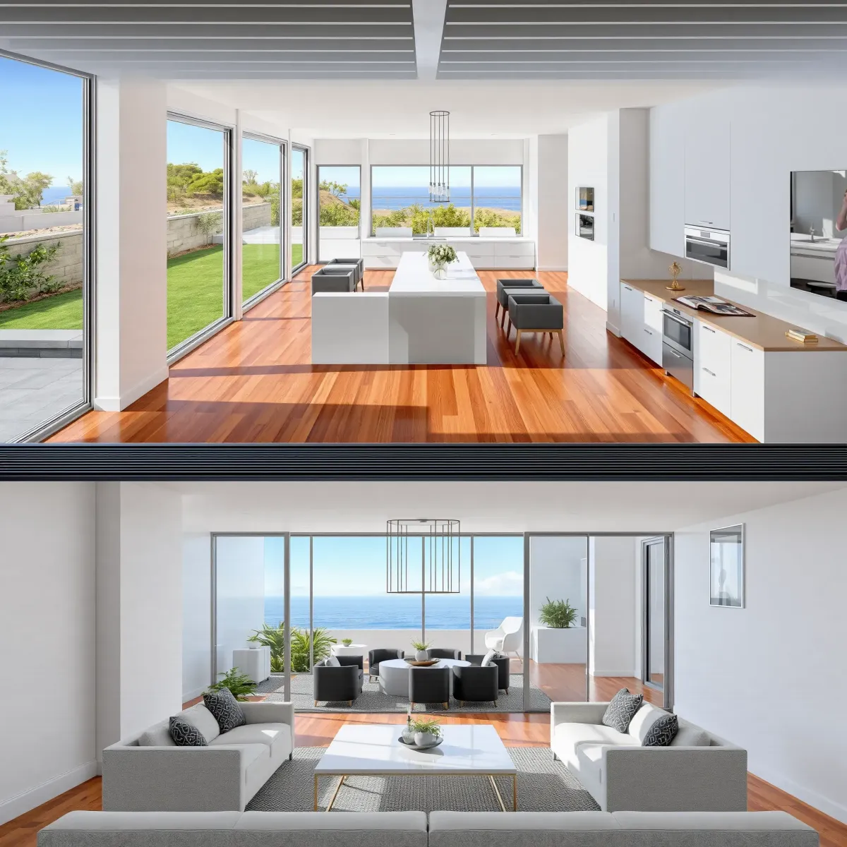 Beautiful renovated Newport Beach home with modern design, lush landscaping, sleek driveway, and stylish exterior lighting.