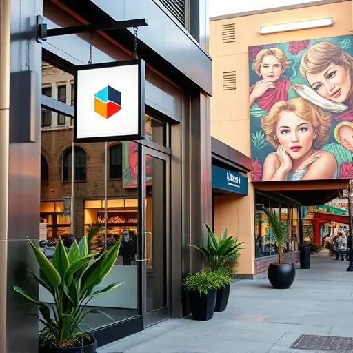 Modern storefront in Downtown Santa Ana features glass windows, polished steel, wood accents, and vibrant greenery.