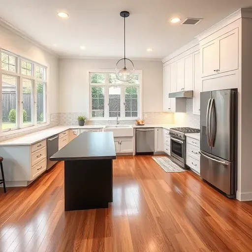 Modern kitchen in North Tustin with quartz countertops, black island, white shaker cabinets, stainless appliances, and natural light
