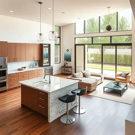 Modern open-concept living space in Irvine, CA, featuring a luxurious kitchen and inviting adjacent living room.