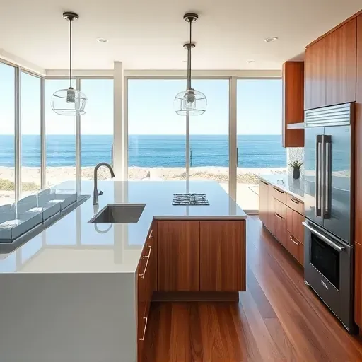 Renovated San Clemente kitchen with white quartz countertops stainless steel appliances custom wood cabinets ocean view natural light polished hardwood floors and coastal decor