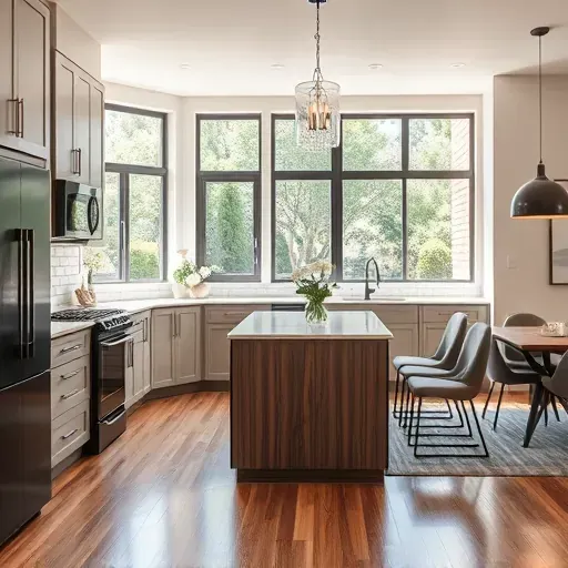 Modern Santa Anita Park kitchen with sleek granite counters black appliances hardwood island white subway tiles large windows natural light