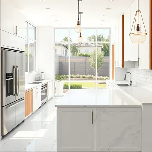 Modern renovated Costa Mesa kitchen with minimalist white cabinets natural wood accents quartz countertops stylish appliances and lush garden view