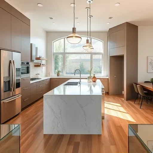 Renovated El Camino Real CA kitchen with sleek matte cabinetry, granite island, stainless appliances, pendant lighting, and hardwood floors