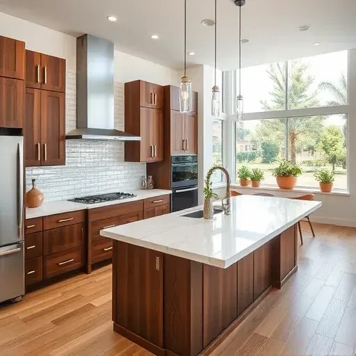 Modern kitchen remodel in Bristol Manor CA with walnut cabinetry, white quartz island, and natural light ambiance.