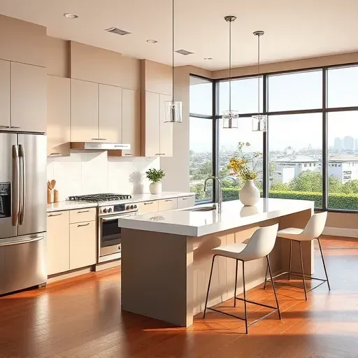 Modern kitchen remodel in Los Angeles with sleek cabinetry, quartz island, stainless appliances, and bright open space.