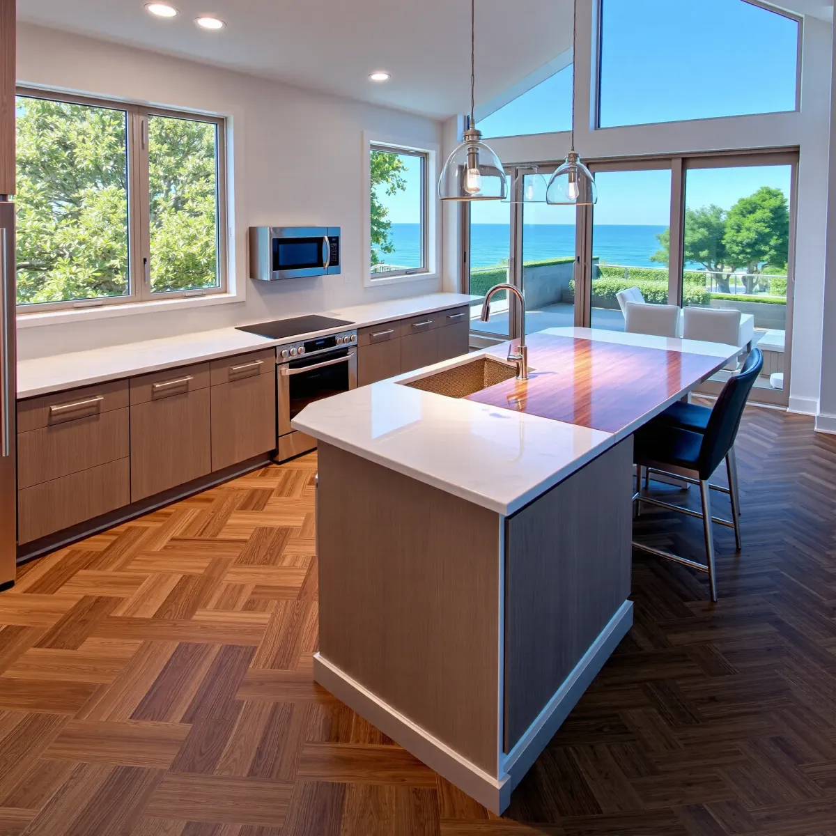 Remodeled Westminster, CA kitchen with modern cabinets, quartz countertops, stainless appliances, hardwood floors, and stylish decor.