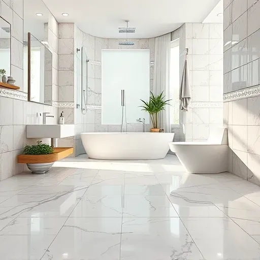 Newly completed Los Angeles bathroom with intricate ceramic and natural stone tiles, sleek fixtures, bright natural light