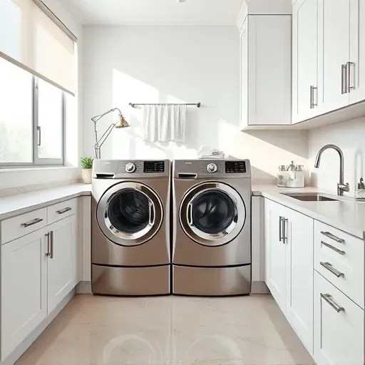 Remodeled modern Los Angeles laundry room with sleek finishes, stainless appliances, quartz counters, and natural light