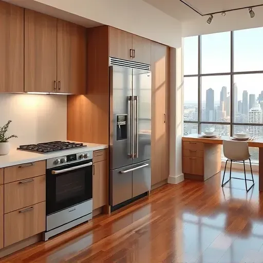 Modern kitchen in Los Angeles with sleek stainless steel appliances, natural daylight, scenic skyline view, polished hardwood floors