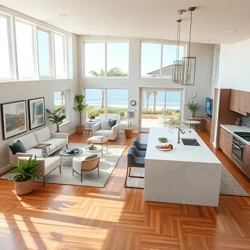 Remodeled living space in San Clemente CA features high ceilings, ocean views, modern décor, and vibrant plants.