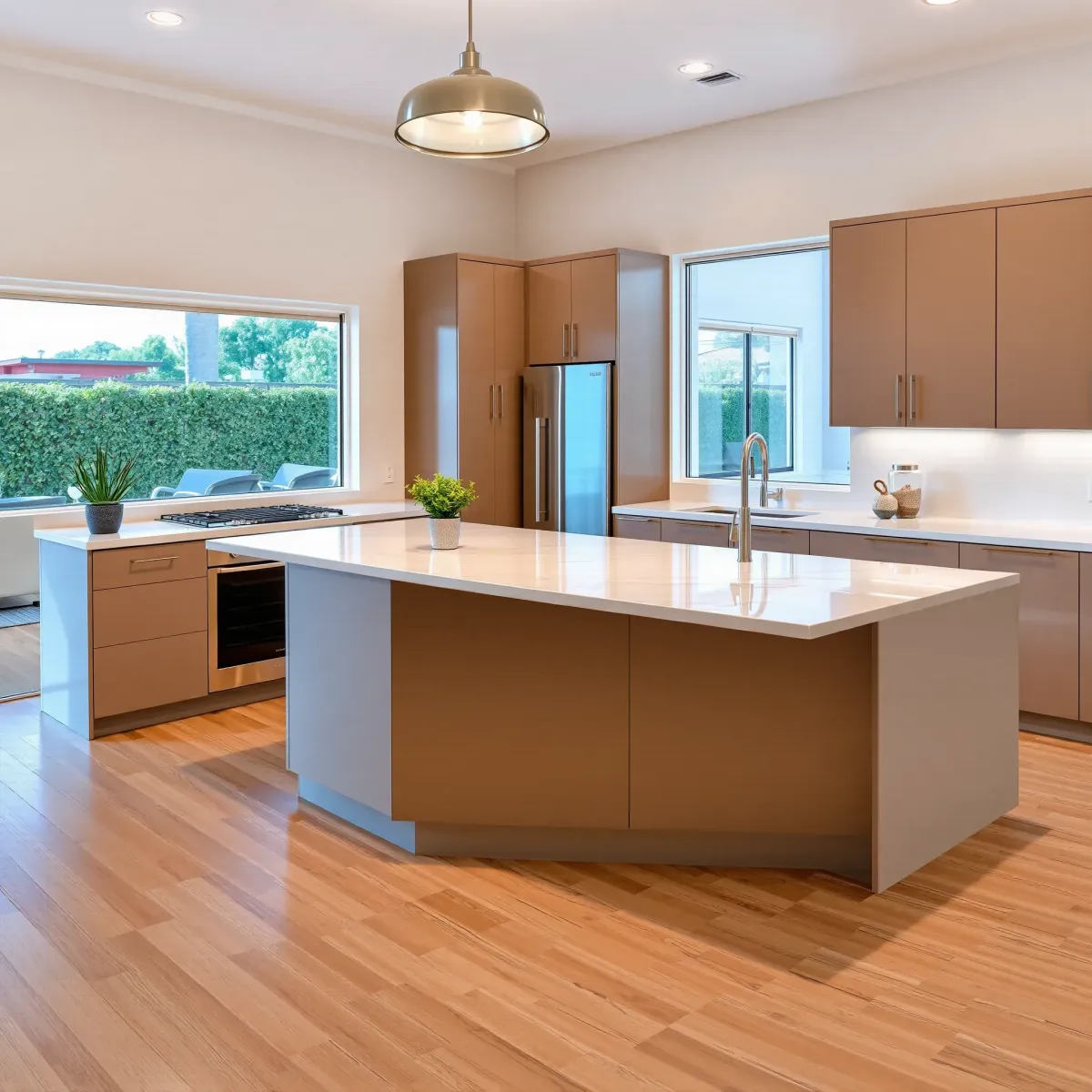 Remodeled Fountain Valley kitchen with sleek matte cabinetry, marble island, stainless appliances, and bright open layout.