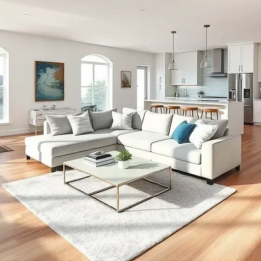 Modern Los Alamitos living room blends contemporary and minimalist styles with elegant hardwood floors and natural light.