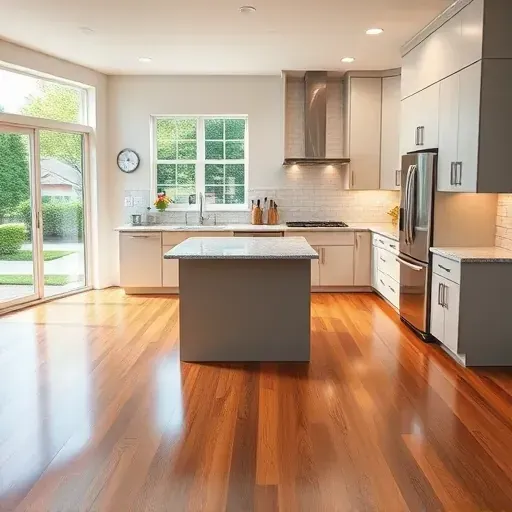 Remodeled Lacy California kitchen with modern matte cabinetry stainless steel appliances granite island hardwood floors and lush neighborhood view