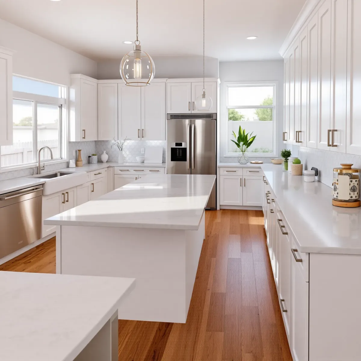 Recently remodeled Coto De Caza kitchen with modern cabinetry, stainless steel appliances, quartz counters, and natural stone backsplash.