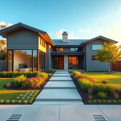 Modern renovated Los Angeles home with sleek architecture, large glass windows, landscaped yard, and golden hour lighting