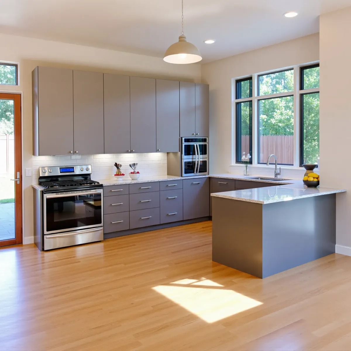 Remodeled Bristol Manor kitchen with sleek matte cabinets, stainless steel appliances, granite island, and bright natural light.