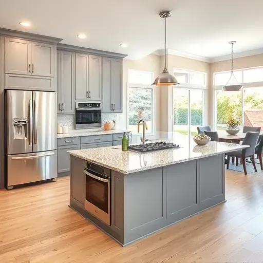 Modern West Grove Valley kitchen with gray cabinetry, granite island, stainless appliances, and warm natural light.