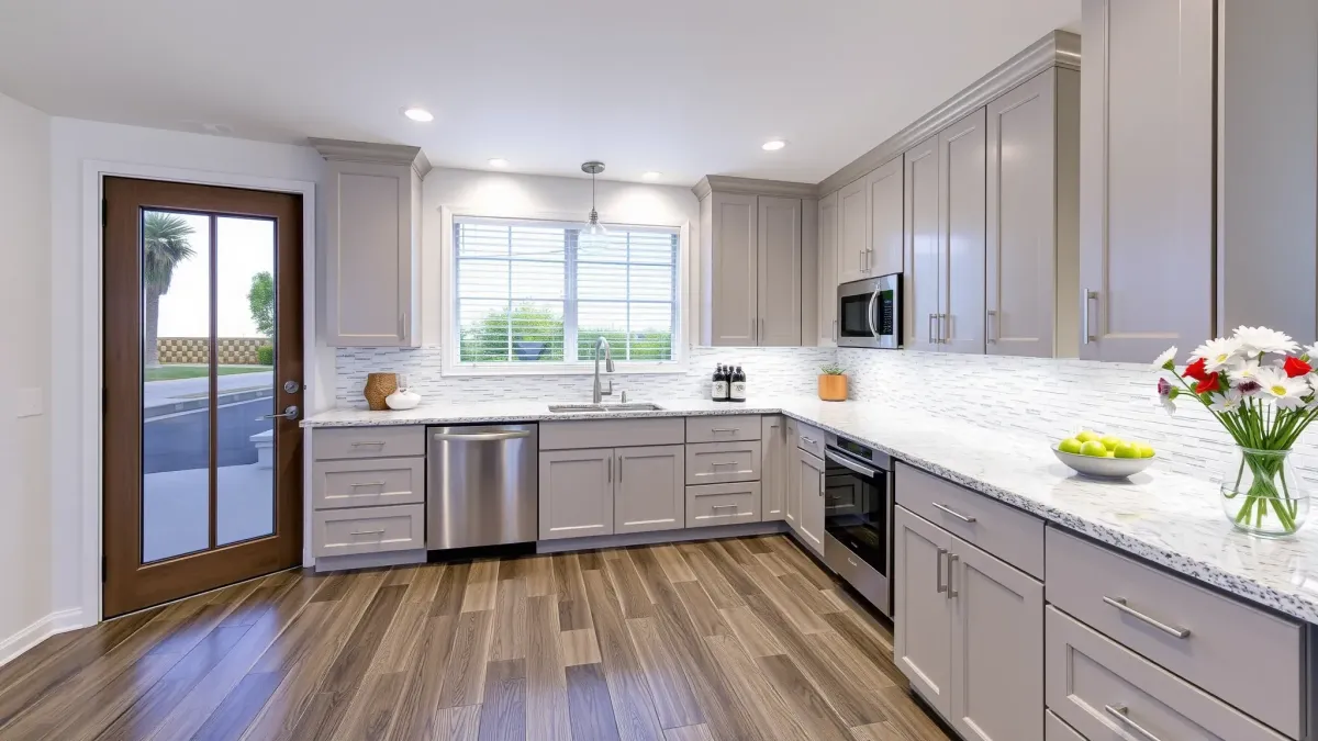 Modern South Coast Metro kitchen with custom taupe cabinets, quartz island, mosaic backsplash, stainless appliances, and lush outdoor views.