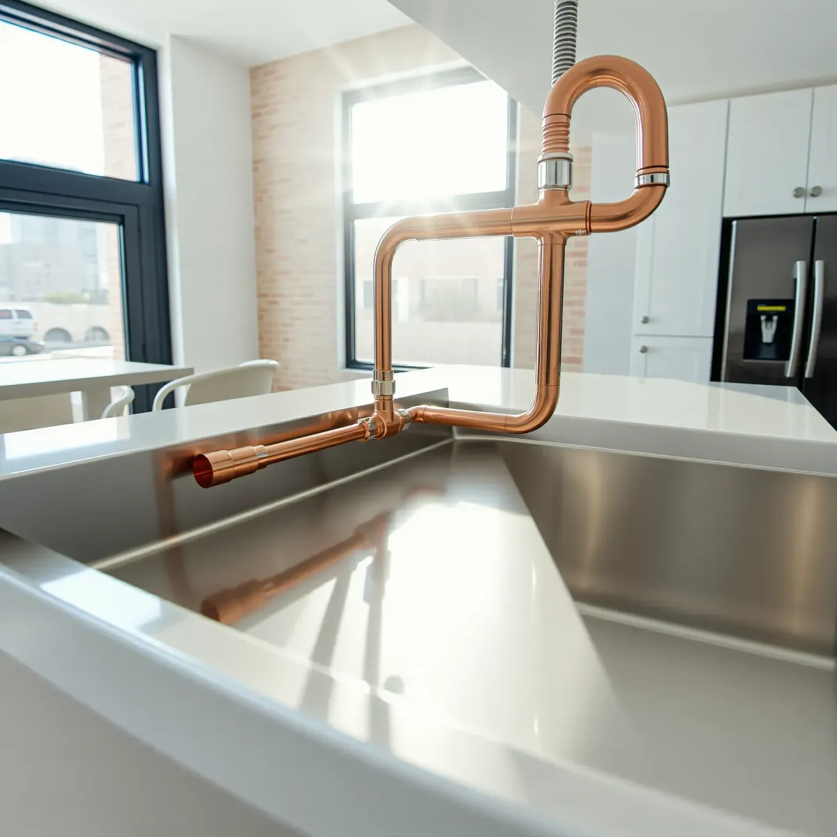 Detailed view of a copper plumbing system under a modern stainless steel kitchen sink in a stylish LA home.