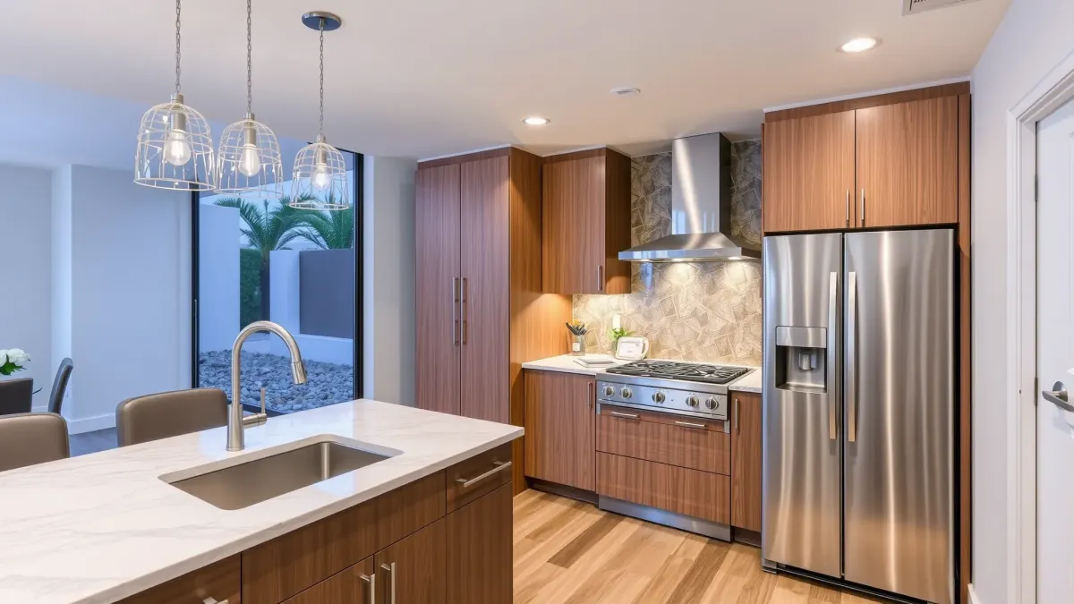 Remodeled Newport Beach kitchen with sleek white cabinets, quartz island, modern appliances, hardwood floors, and backyard view.
