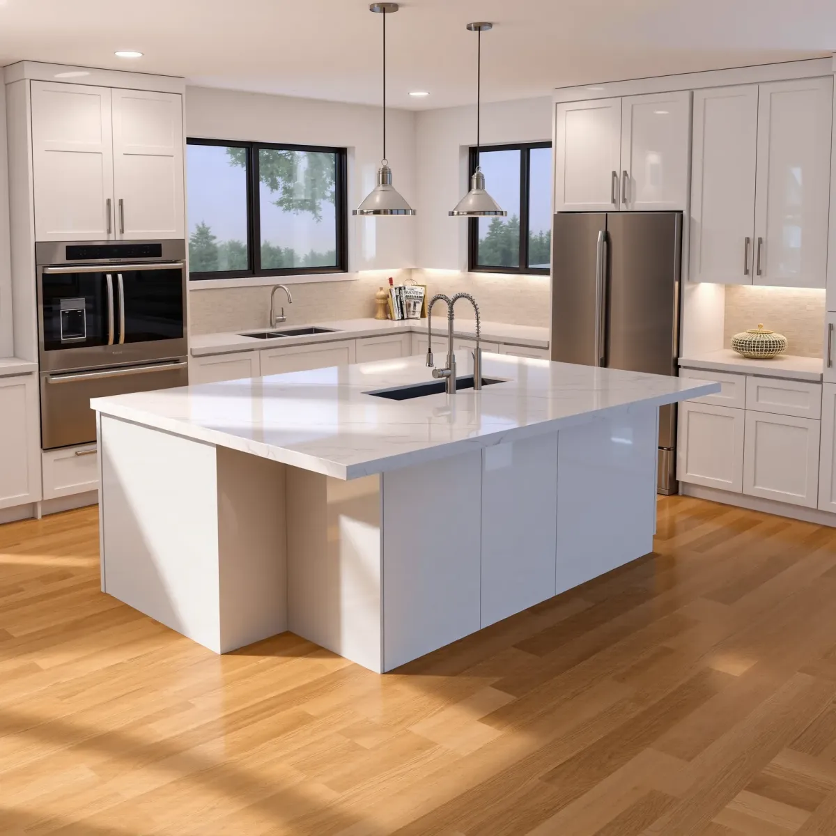 Remodeled Newport Heights kitchen with modern wood cabinetry, quartz counters, coastal views, and minimalist design.