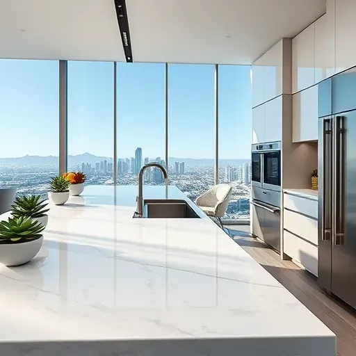 Perfectly installed marble countertop in a modern LA kitchen with stainless steel appliances, city views, and elegant decor