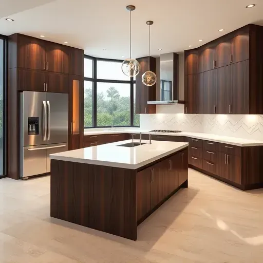 Modern remodeled kitchen in Los Angeles featuring sleek design, marble countertops, stainless steel appliances, and ample natural light.