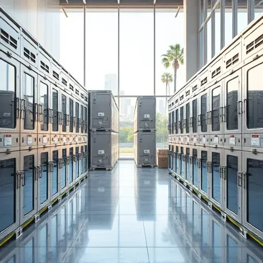 Modern storage facility in Los Angeles with organized glass-door units, labeled containers, polished floors, and LA skyline view