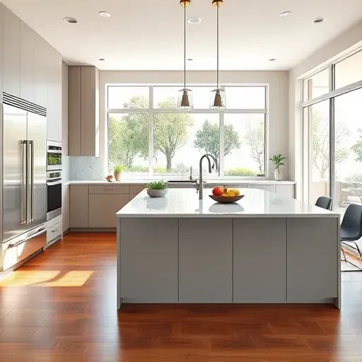 Renovated modern kitchen in Coto De Caza with matte cabinetry, marble island, stainless appliances, hardwood floors, and scenic greenery