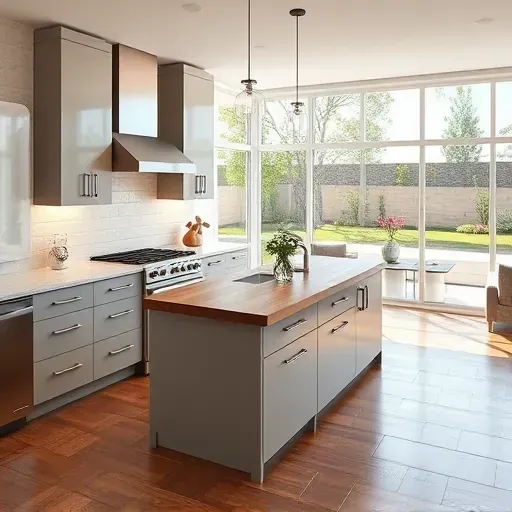 Renovated North Tustin kitchen with modern cabinetry quartz countertops stainless steel appliances island hardwood floors and lush backyard view