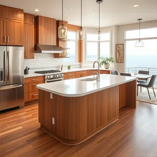 Finished modern kitchen in San Clemente with wood cabinets stainless steel appliances marble island coastal views