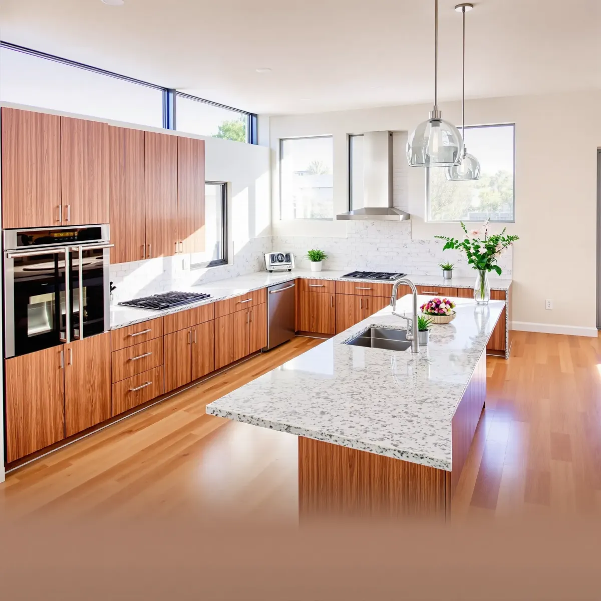 Remodeled San Clemente kitchen with coastal style, large windows, light wood cabinets, marble island, and ocean view.