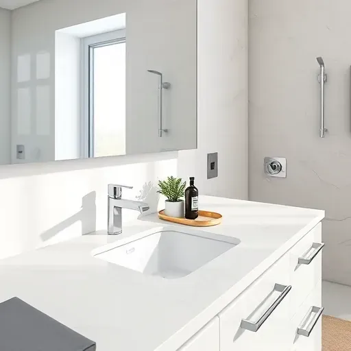 Modern bathroom vanity with marble countertop, elegant accessories, large mirror, chrome fixtures, and neutral tile backdrop