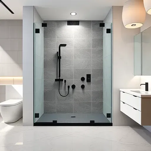 Modern Los Angeles bathroom with walk-in shower, glass panels, black fixtures, gray stone tiles, marble floor, and sleek design