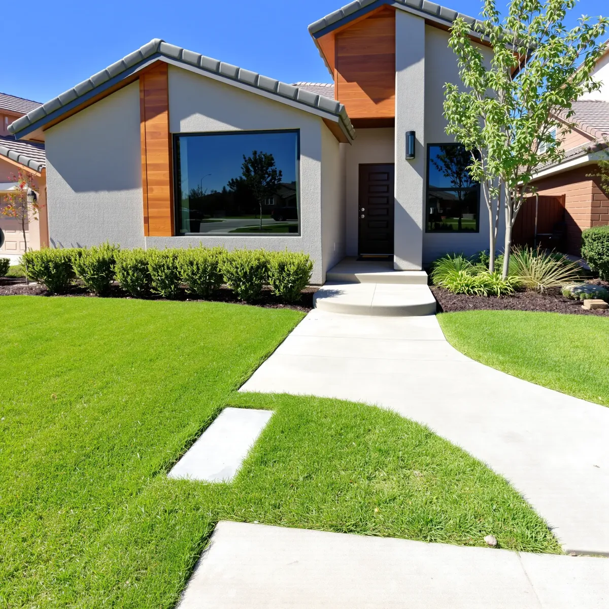Renovated modern living room with hardwood floors, neutral furniture, large windows, artwork, and open kitchen.