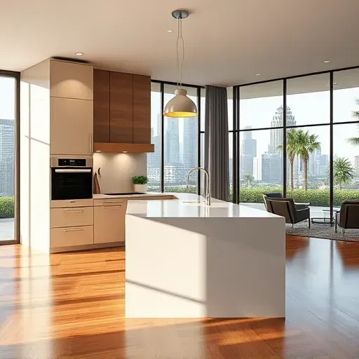 Newly renovated Los Angeles kitchen featuring sleek cabinetry, high-end appliances, and elegant lighting with city views.