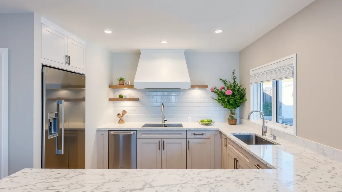 Remodeled Aliso Viejo kitchen featuring modern cabinets, granite countertops, stainless appliances, hardwood floors, and outdoor view.