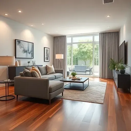 Modern living room remodel in Tustin, CA with hardwood floors, ambient lighting, sleek furniture, and lush greenery view.