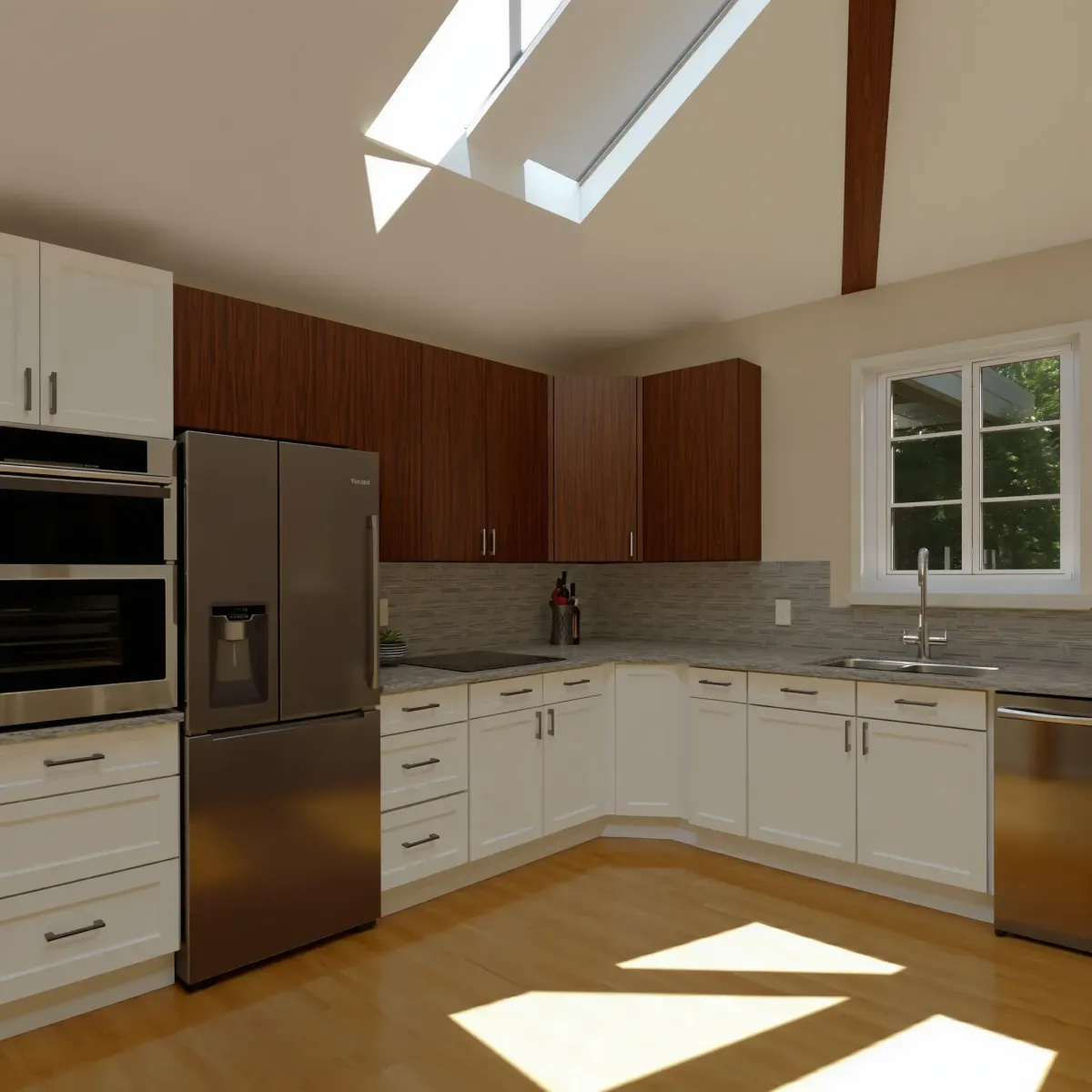 Bright, modern remodeled North Tustin kitchen with quartz countertops, warm wood cabinetry, stainless appliances, and natural light.