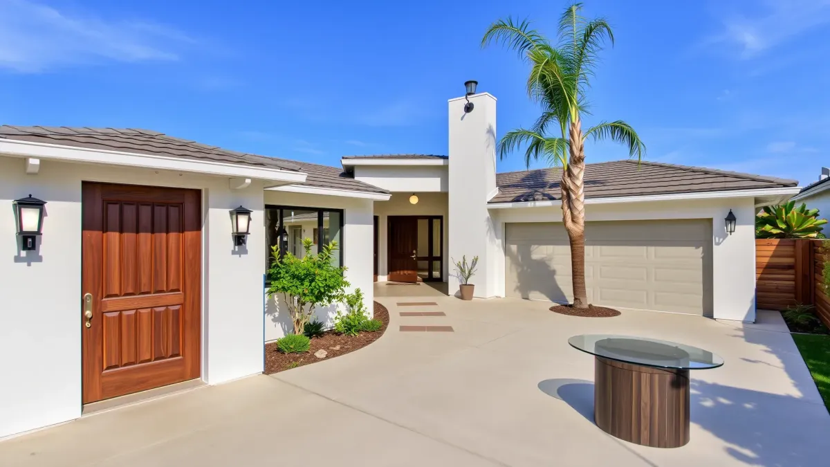 Remodeled Westminster, CA home interior featuring a modern kitchen with white cabinets, granite island, stainless steel appliances, and a cozy living area with large windows overlooking a lush backyard.