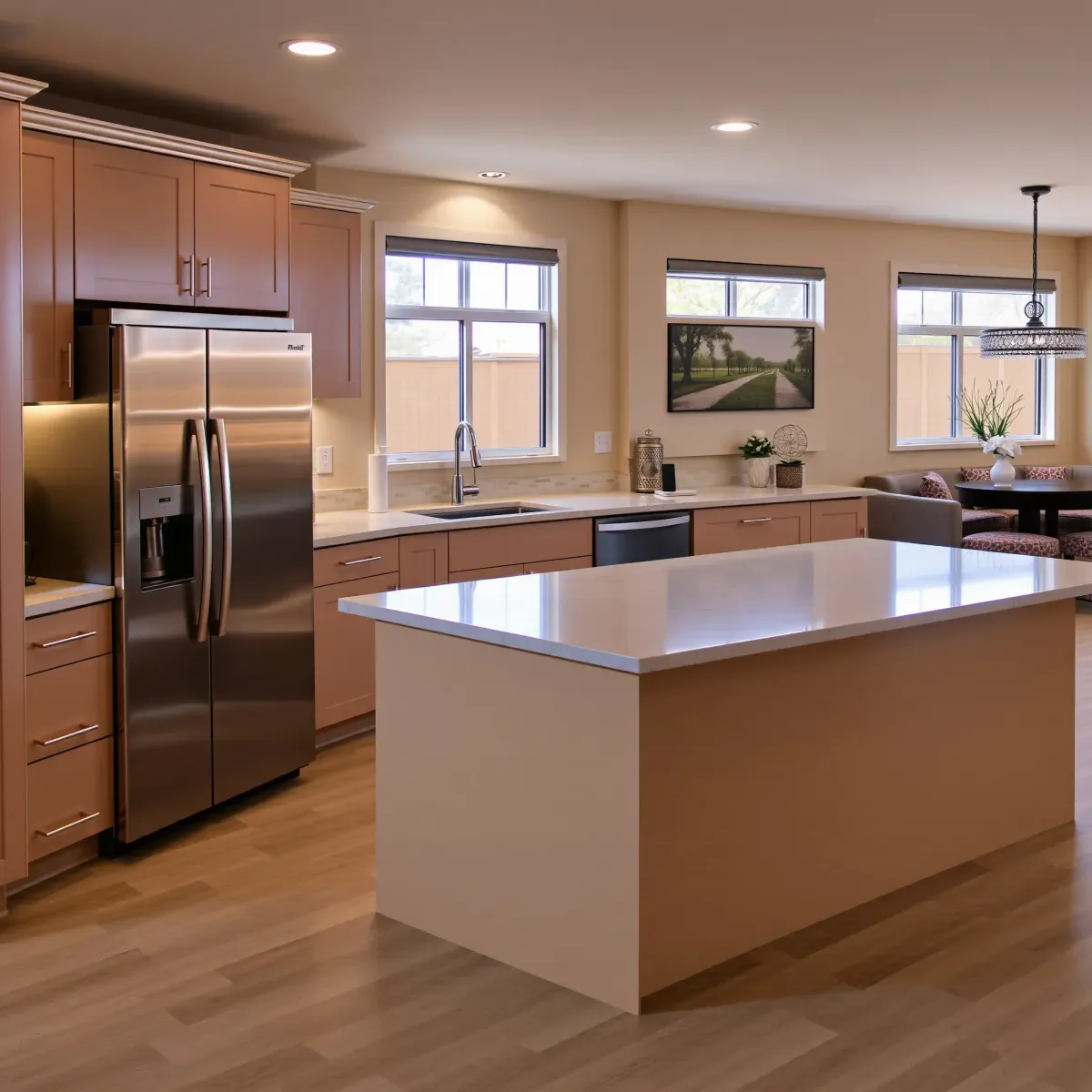 Modern kitchen in Coto De Caza with sleek quartz, custom wood cabinets, marble island, stainless appliances, and lush backyard view.