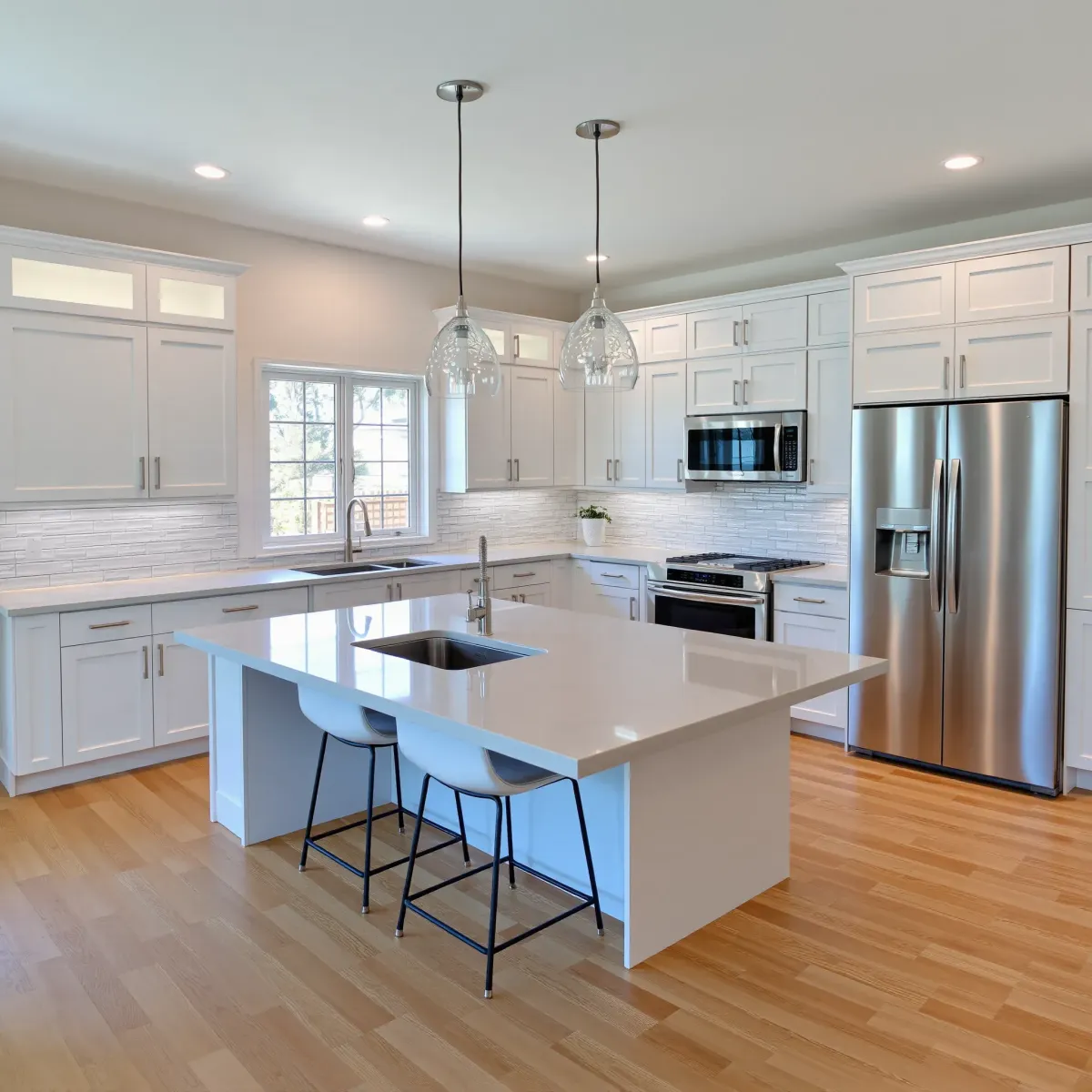 Modern remodeled Northwood, CA kitchen with sleek stainless appliances, white quartz countertops, dark hardwood floors, and lush outdoor views.
