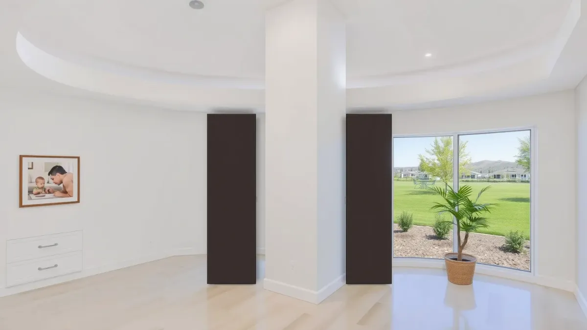 Renovated Tustin living room with modern furniture, fireplace, big windows, hardwood floors, artwork, and garden view.