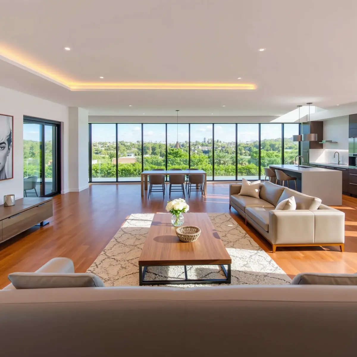 Remodeled LA home interior with open living space, modern furniture, large windows, and stylish kitchen details.