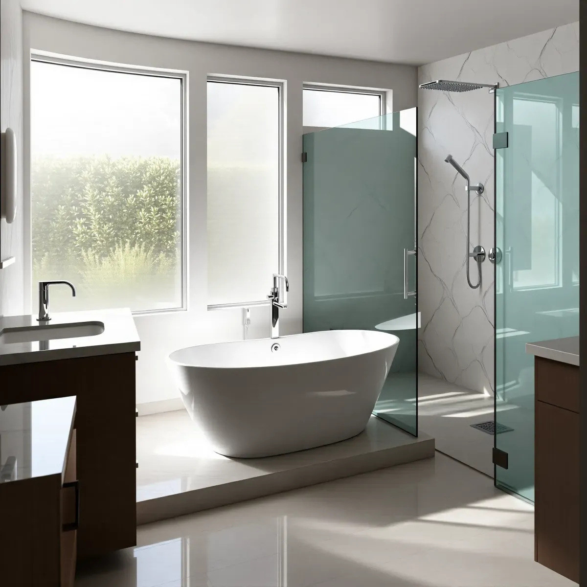 Beautiful renovated LA bathroom with marble, sleek fixtures, walk-in shower, freestanding tub, and lush outdoor view.